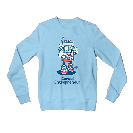 printed cereal entrepreneur sweatshirt upper winterwear printed graphic stylish buy online united states usa the banyan tee tbt men women girls boys unisex baby blue