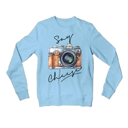 printed say cheese sweatshirt upper winterwear printed graphic stylish buy online united states usa the banyan tee tbt men women girls boys unisex baby blue