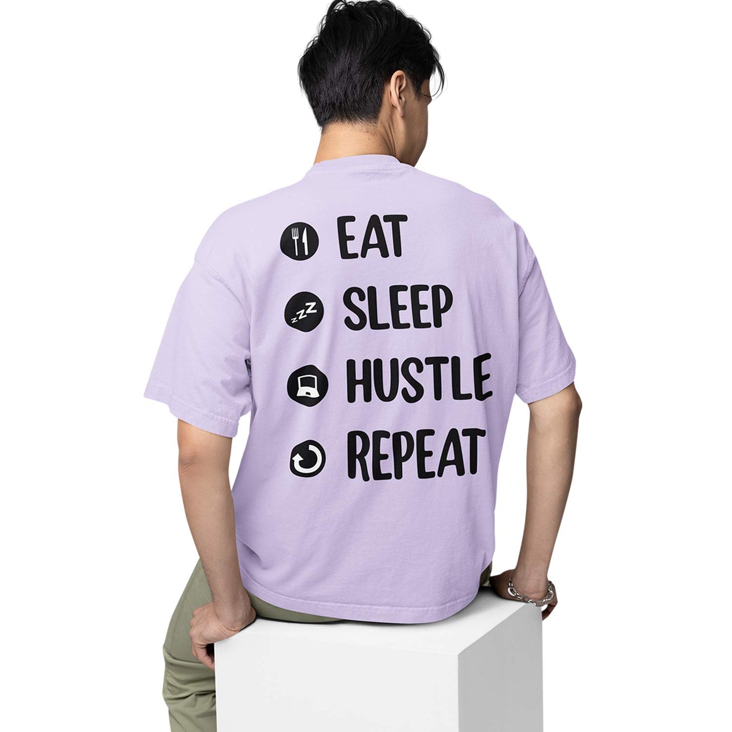 graphic printed oversized t shirt - eat sleep hustle repeat lavender buy online india the banyan tee tbt men women girls boys unisex