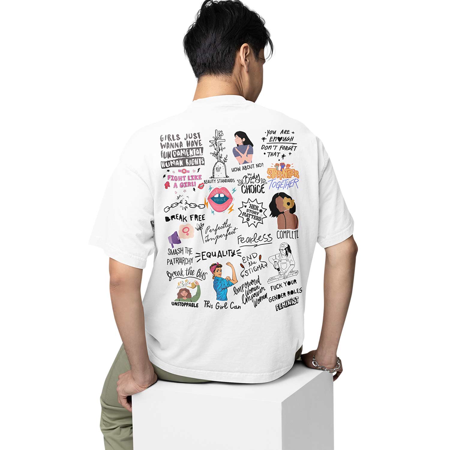 graphic printed oversized t shirt - a feminism doodle white buy online india the banyan tee tbt men women girls boys unisex