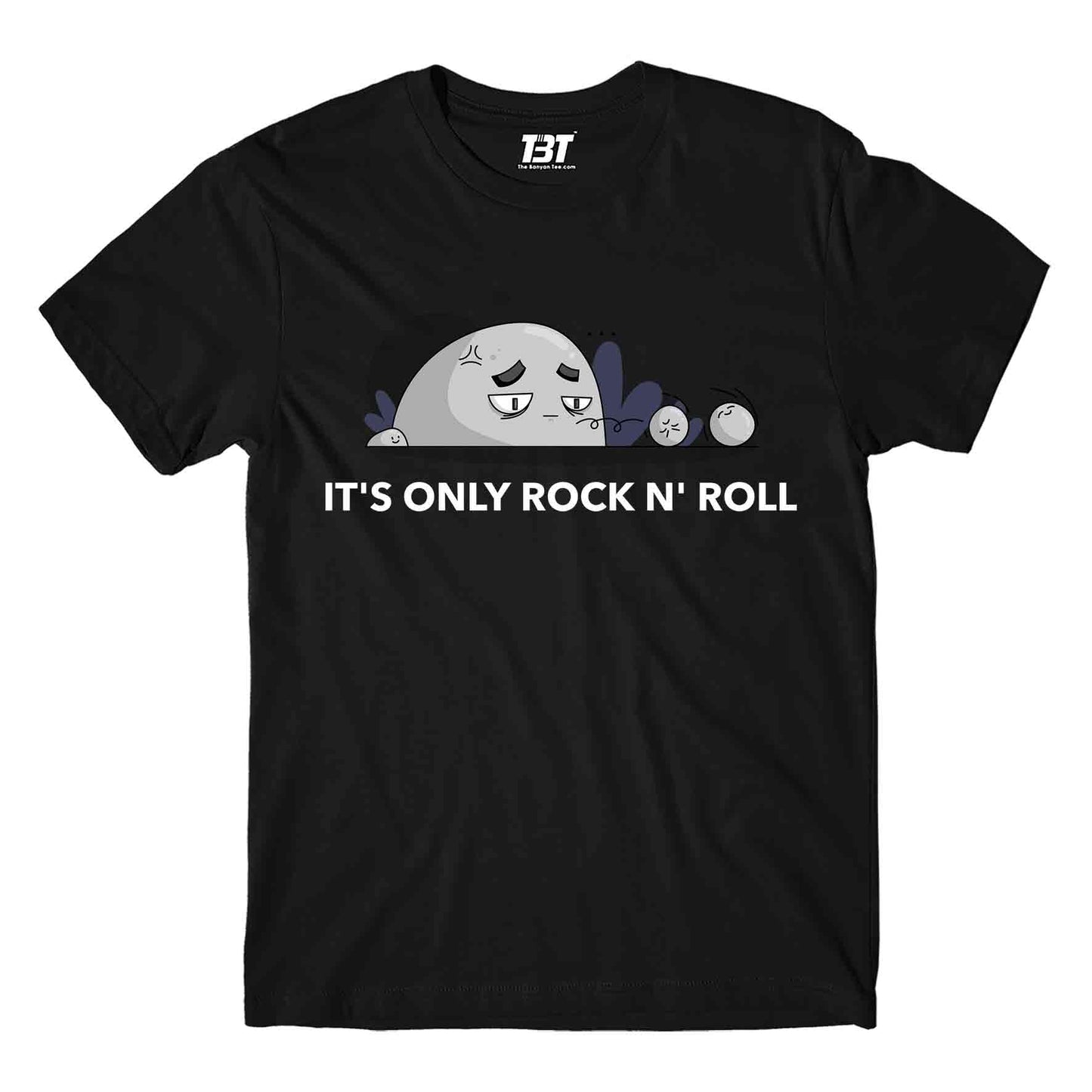 printed it's only rock n' roll t-shirt printed graphic stylish buy online united states of america usa the banyan tee tbt men women girls boys unisex black