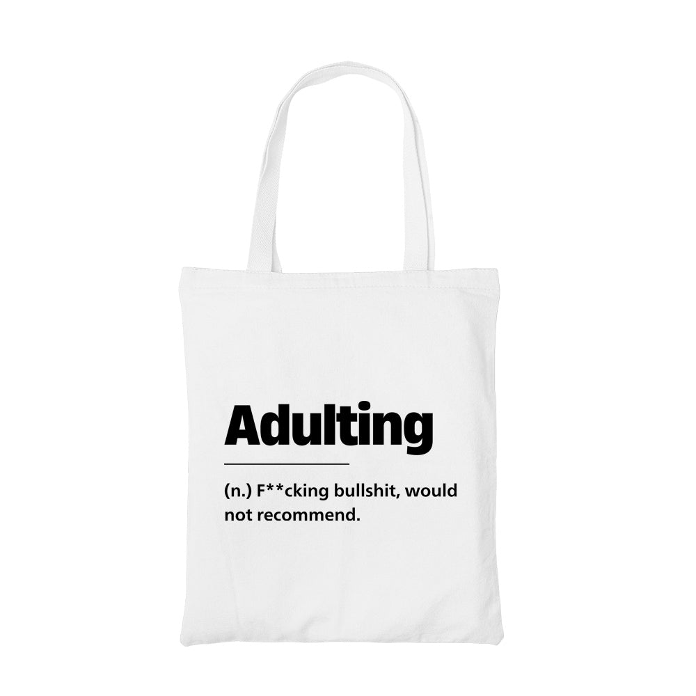 printed adulting tote bag cotton printed printed graphic stylish buy online united states usa the banyan tee tbt men women girls boys unisex