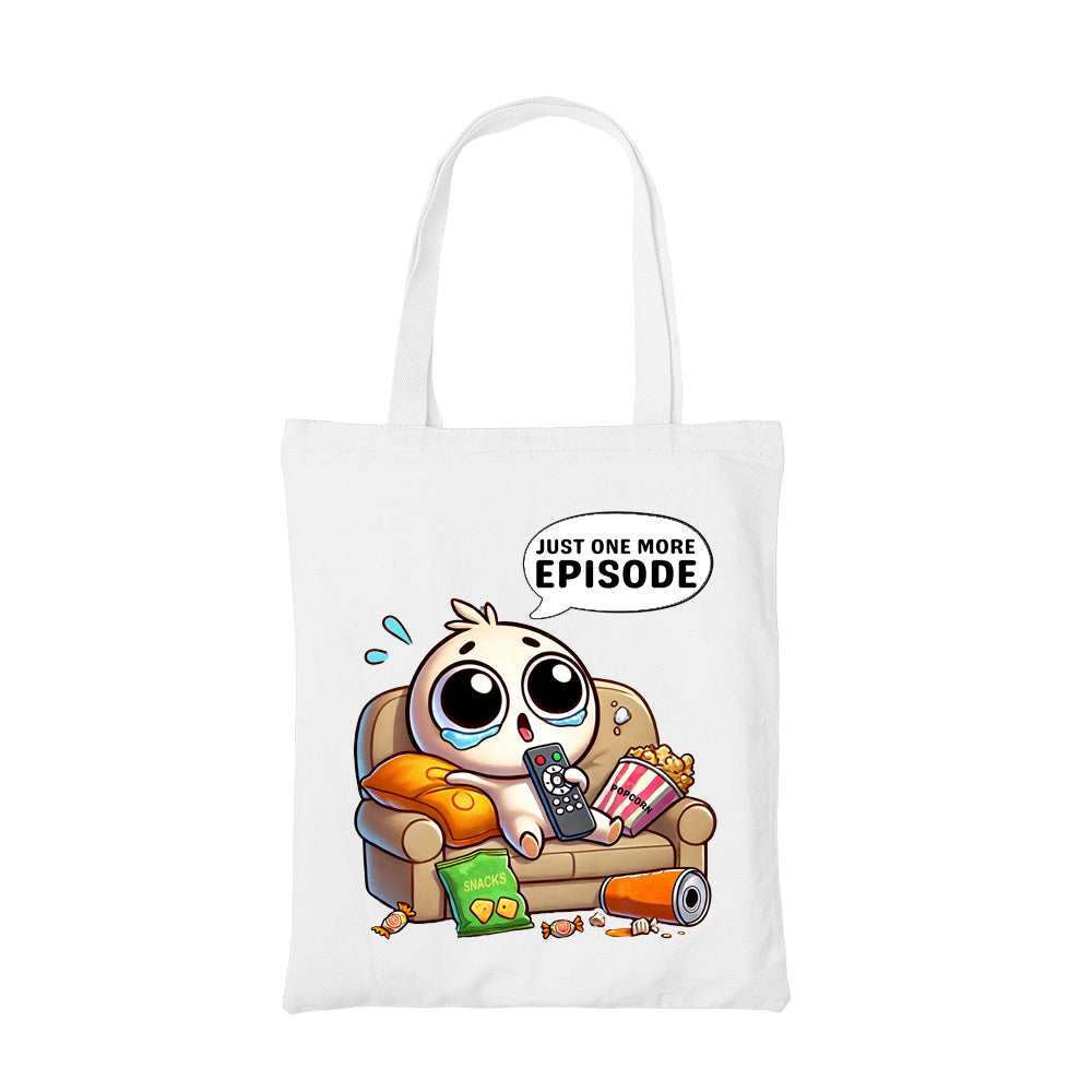 printed one more episode tote bag cotton printed printed graphic stylish buy online united states usa the banyan tee tbt men women girls boys unisex