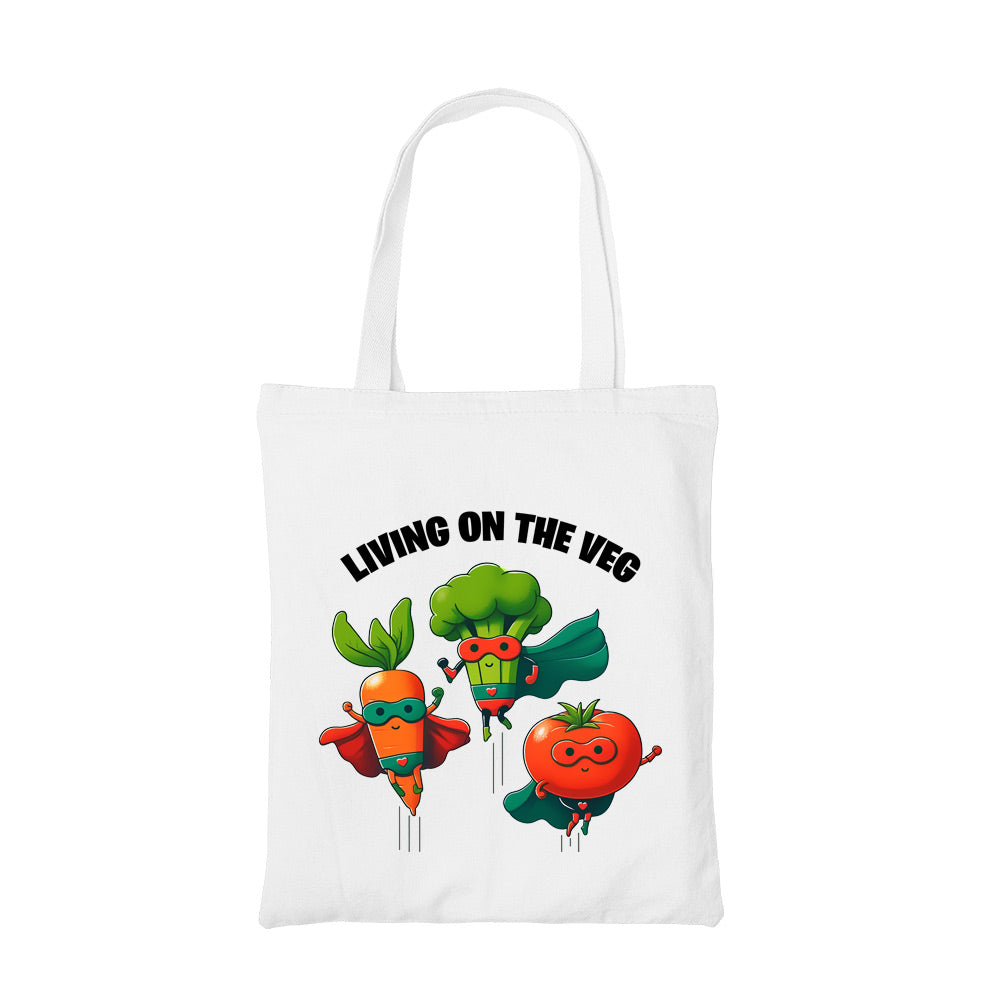 printed living on the veg tote bag cotton printed printed graphic stylish buy online united states usa the banyan tee tbt men women girls boys unisex