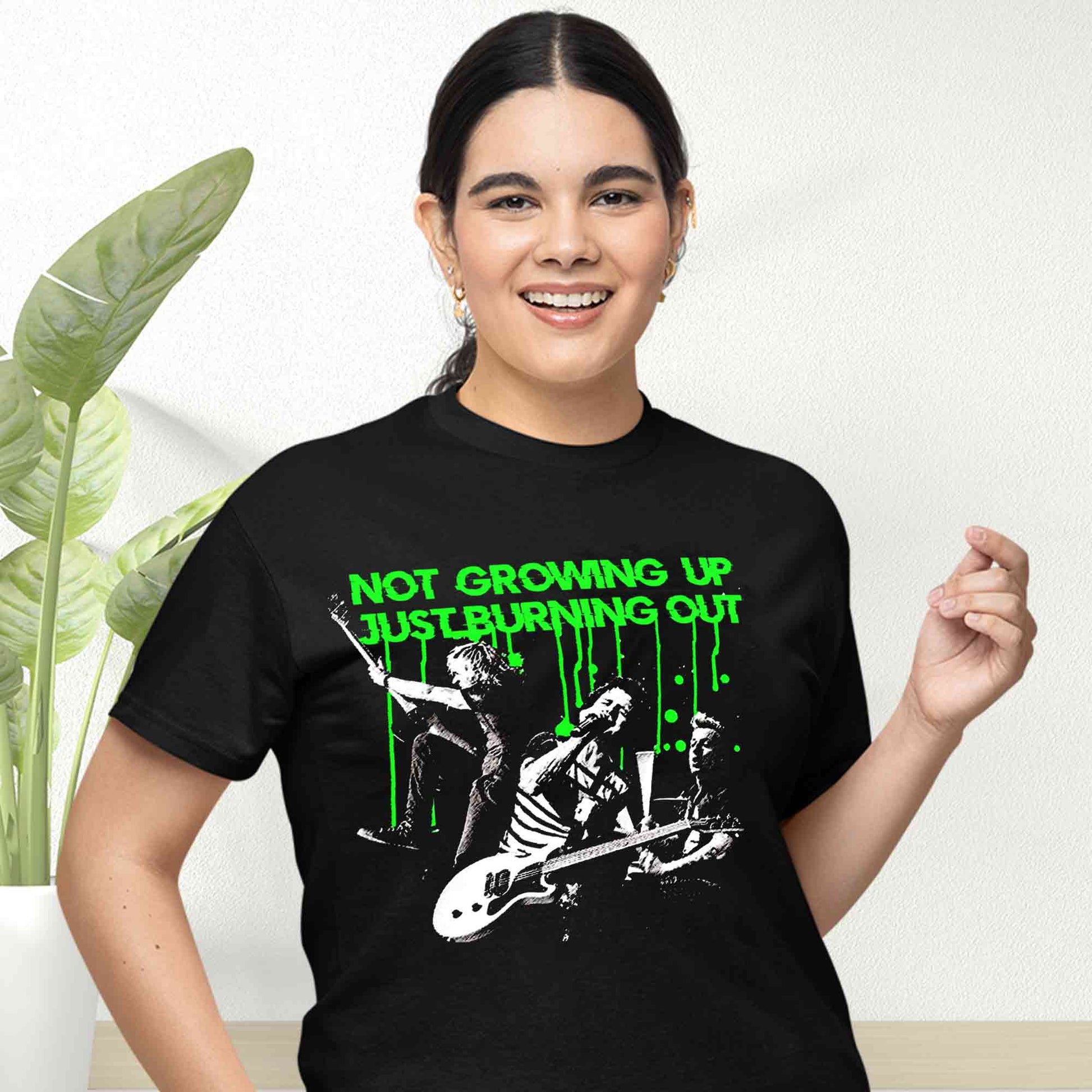 green day burnout t-shirt music band buy online united states of america usa the banyan tee tbt men women girls boys unisex black not growing up just burning out