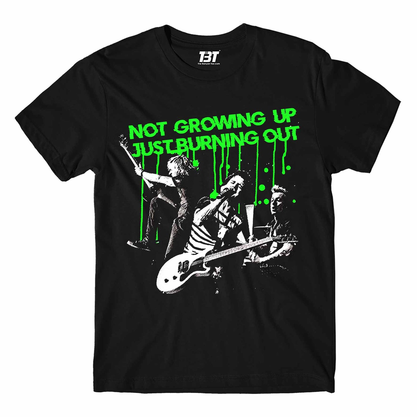 green day burnout t-shirt music band buy online usa united states the banyan tee tbt men women girls boys unisex black not growing up just burning out