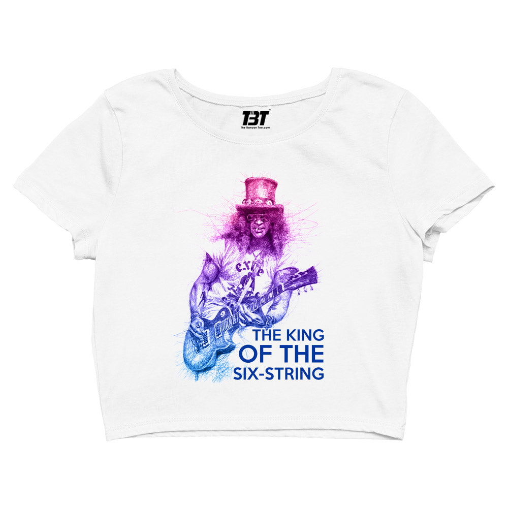 guns n' roses the king of the six string - slash crop top music band buy online united states of america usa the banyan tee tbt men women girls boys unisex white