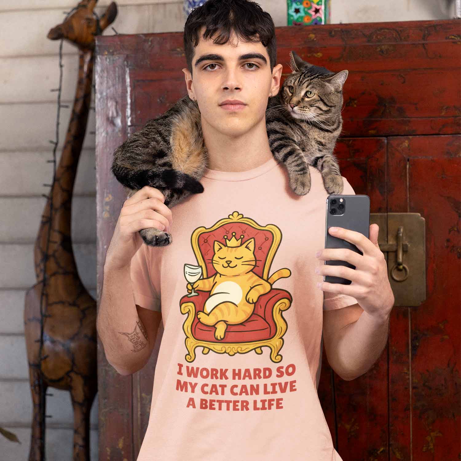 graphic i work hard for my cat t-shirt printed graphic stylish buy online united states usa the banyan tee tbt men women girls boys unisex peach 