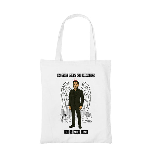 lucifer he is not one tote bag hand printed cotton women men unisex