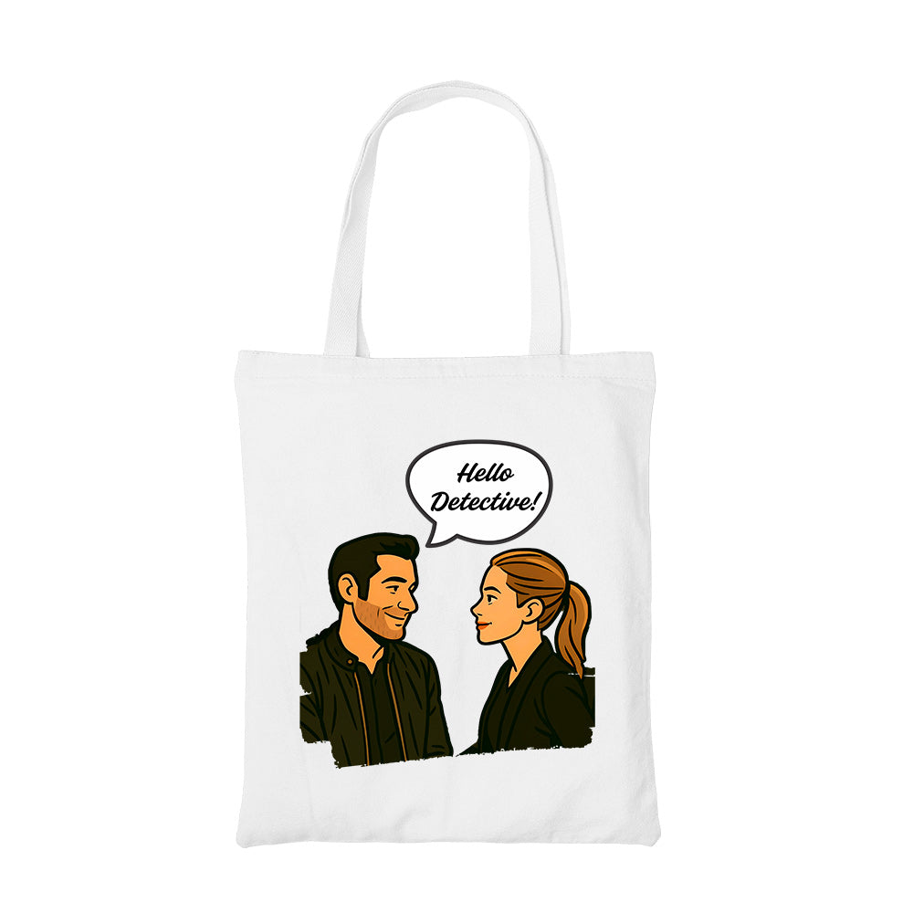 lucifer hello detective tote bag cotton printed tv & movies buy online united states usa the banyan tee tbt men women girls boys unisex