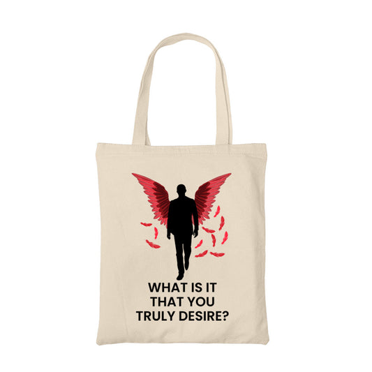 lucifer what is it tote bag hand printed cotton women men unisex