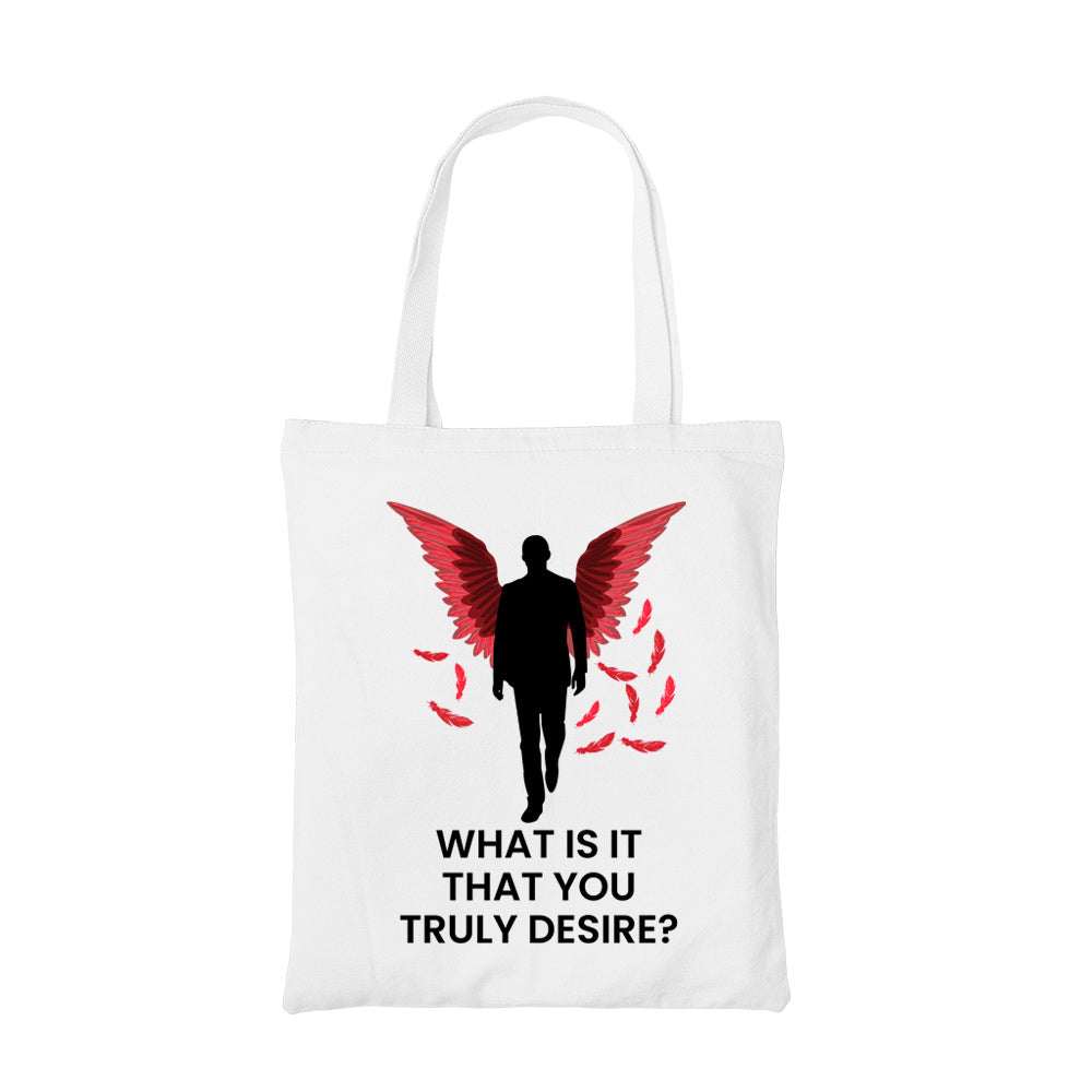 lucifer what is it tote bag hand printed cotton women men unisex