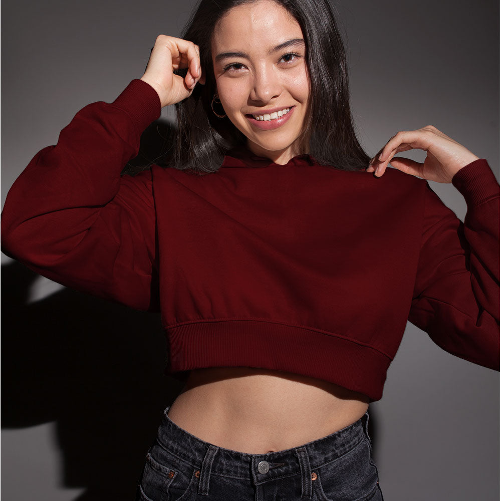 maroon  solid plain crop hoodie the banyan tee