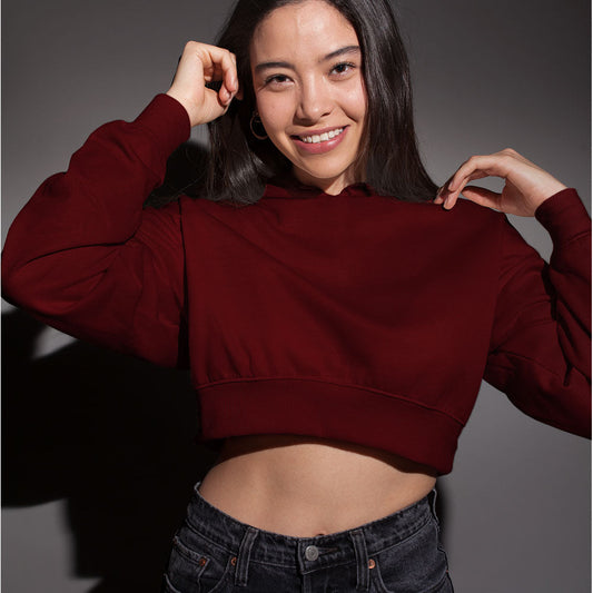 maroon  solid plain crop hoodie the banyan tee