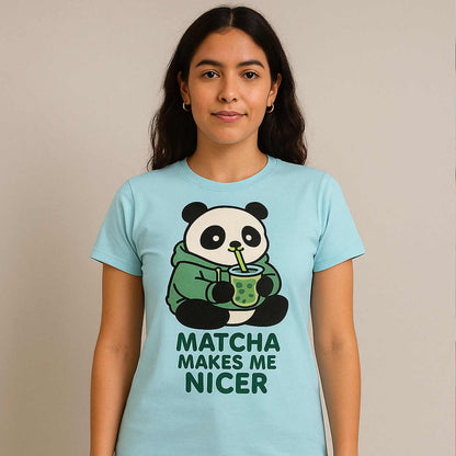 graphic matcha makes me nicer t-shirt printed graphic stylish buy online united states usa the banyan tee tbt men women girls boys unisex baby blue