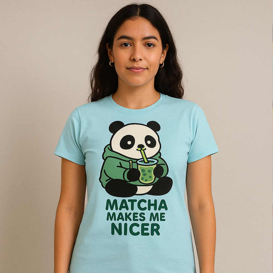 graphic matcha makes me nicer t-shirt printed graphic stylish buy online united states usa the banyan tee tbt men women girls boys unisex baby blue 