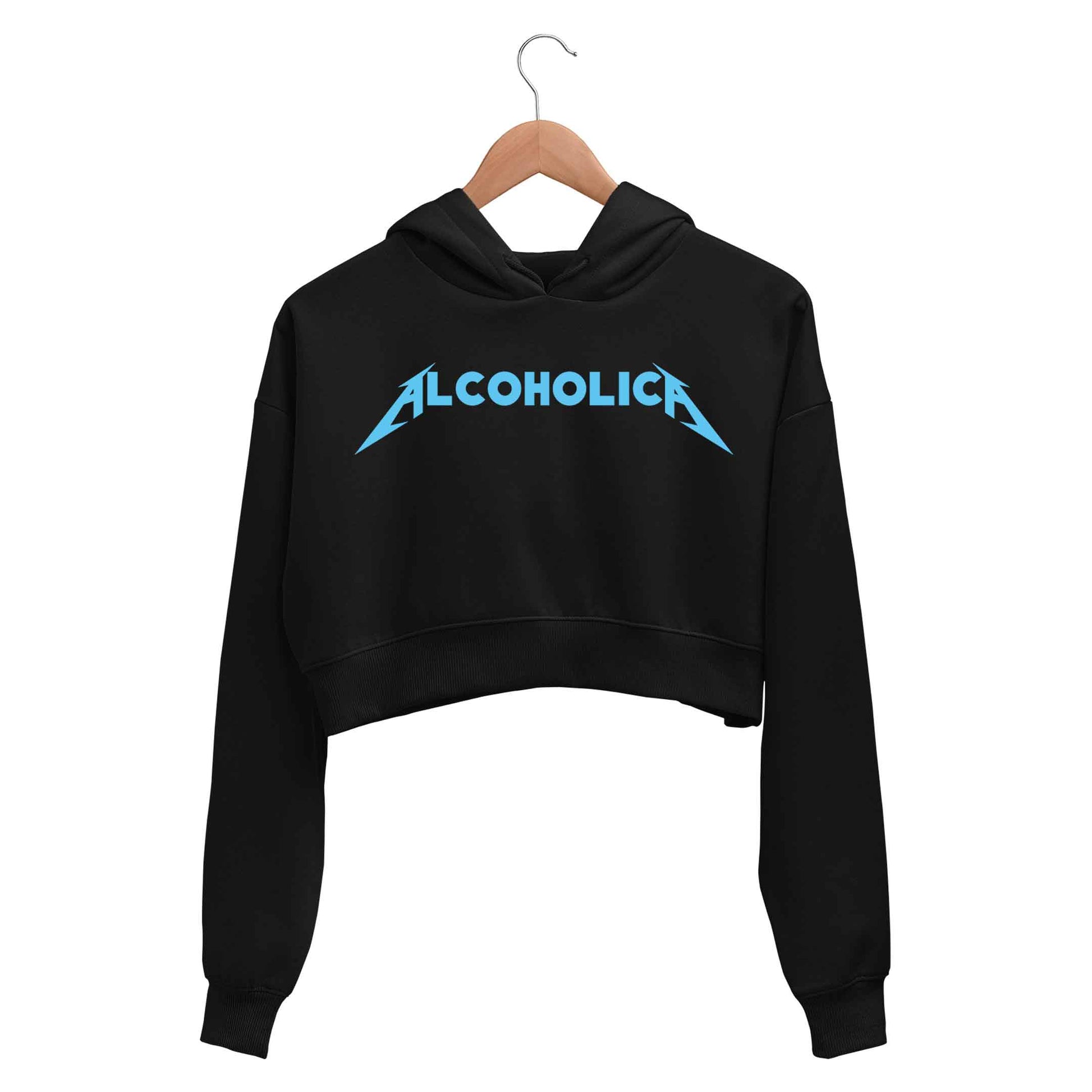metallica alcoholica crop hoodie hooded sweatshirt upper winterwear music band buy online united states usa the banyan tee tbt men women girls boys unisex black 