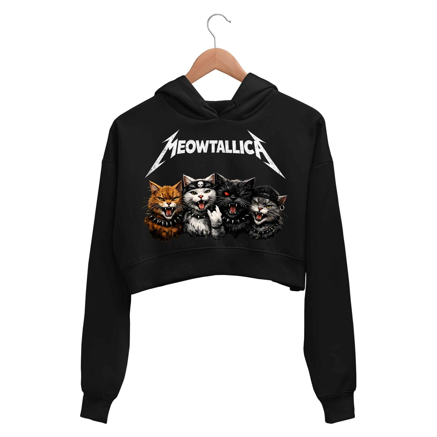metallica meowtallica crop hoodie hooded sweatshirt upper winterwear music band buy online united states usa the banyan tee tbt men women girls boys unisex black 