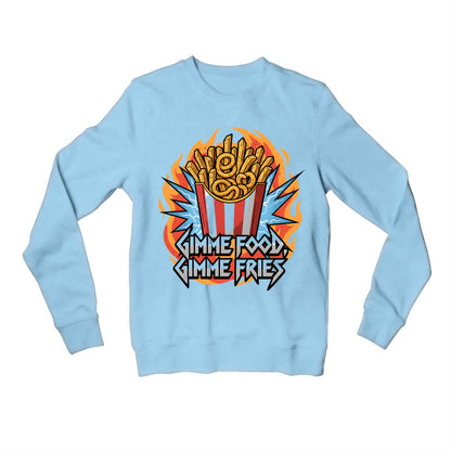 metallica gimme food gimme fries sweatshirt upper winterwear music band buy online united states usa the banyan tee tbt men women girls boys unisex baby blue 