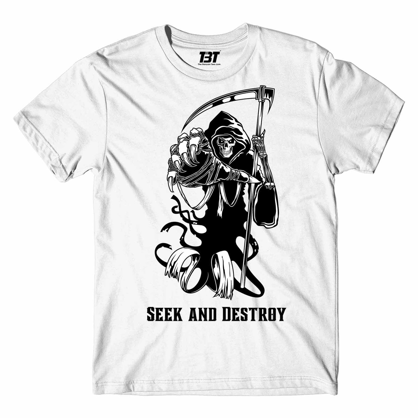 metallica seek & destroy t-shirt music band buy online united states of america usa the banyan tee tbt men women girls boys unisex white 