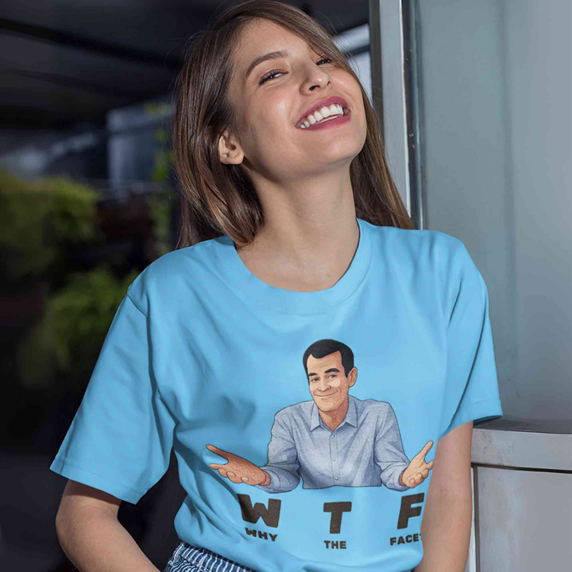 modern family why the face t-shirt tv & movies buy online united states of america usa the banyan tee tbt men women girls boys unisex turquoise