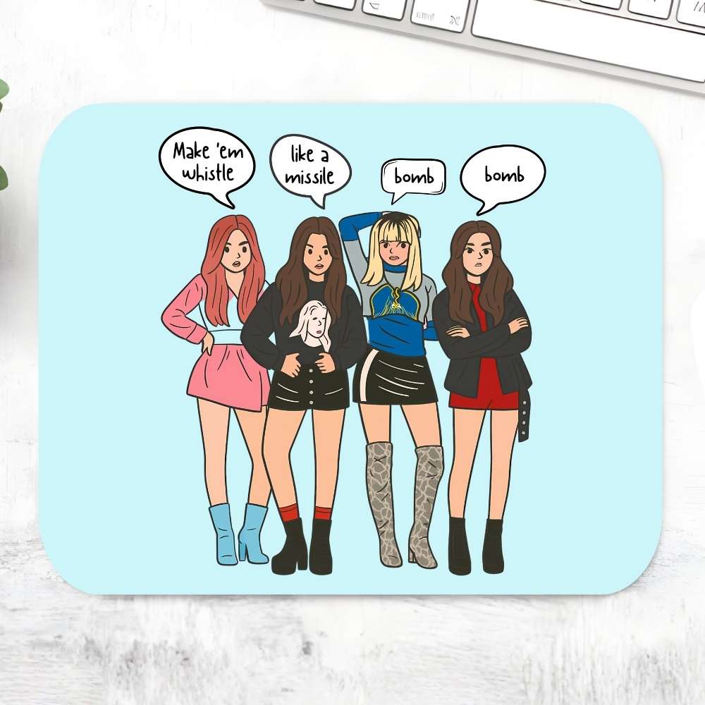 Illustrated mouse pad with four women in different outfits and speech bubbles on a light blue background. Black Pink Mousepad.