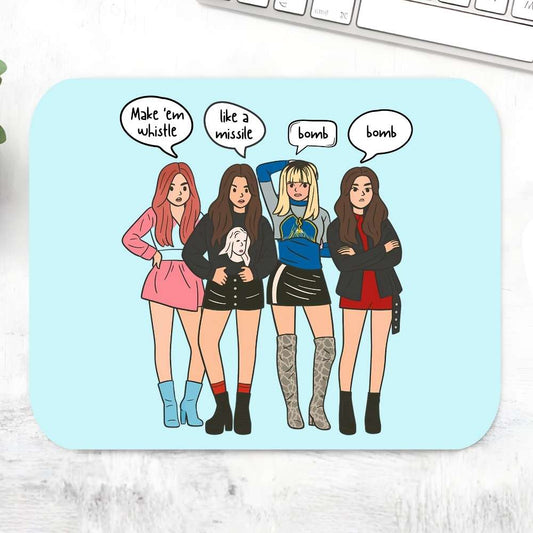 Illustrated mouse pad with four women in different outfits and speech bubbles on a light blue background. Black Pink Mousepad.