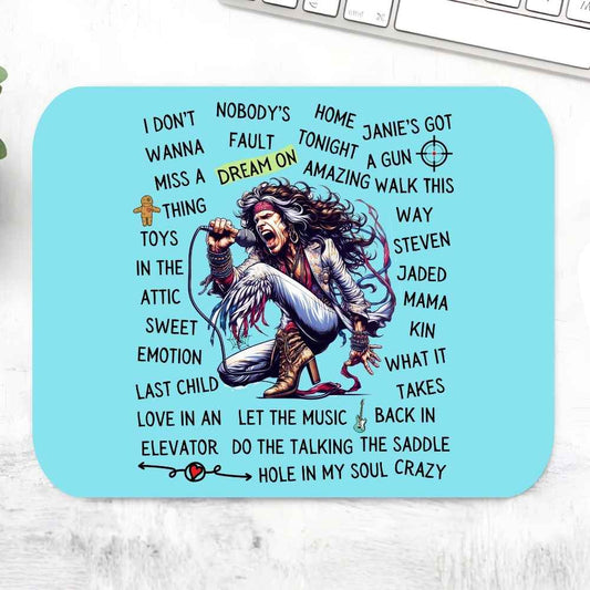 Mouse pad with a stylized illustration of a person singing and lyrics on a light blue background. aerosmith song story mousepad logitech large music band buy online united states of america usa the banyan tee tbt men women girls boys unisex