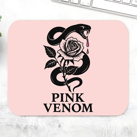 Pink mouse pad with snake and rose design and 'Pink Venom' text on a light surface. Black Pink Mousepad.