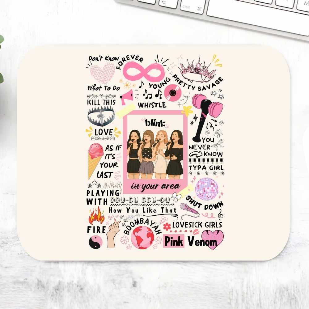 Mouse pad with text and graphics on a white surface. Black Pink Mousepad.