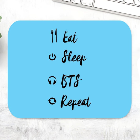 Eat Sleep BTS Repeat mousepad with blue background and fun K-pop fandom typography – trendy non-slip desk mat for K-pop fans, BTS ARMY gamers and Korean music lovers