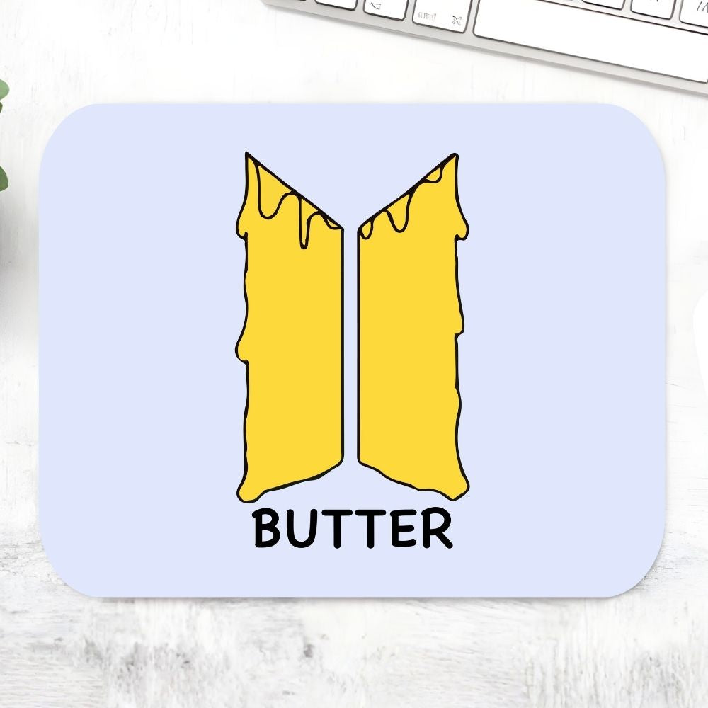 BTS Butter mousepad with golden melting butter logo on lavender background – smooth non-slip K-pop desk mat inspired by BTS hit single Butter, perfect ARMY fan gift