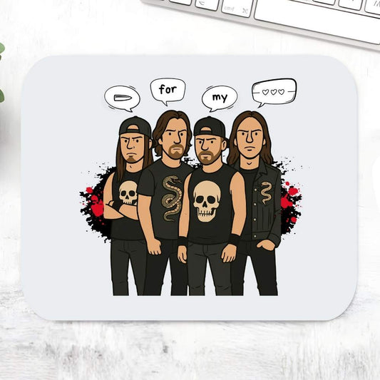 Mouse pad with cartoon illustration of four people wearing black shirts with skull designs on a white surface. Bullet for my valentine.