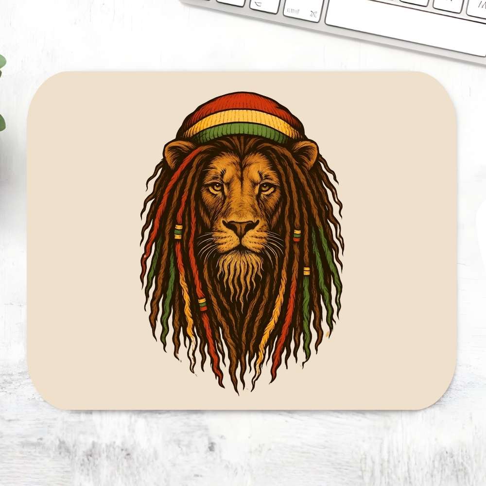 Mouse pad with a lion wearing a Rastafarian hat on a light surface. Bob Marley Gift Merch The Banyan Tee