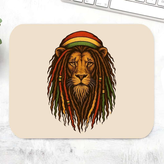 Mouse pad with a lion wearing a Rastafarian hat on a light surface. Bob Marley Gift Merch The Banyan Tee