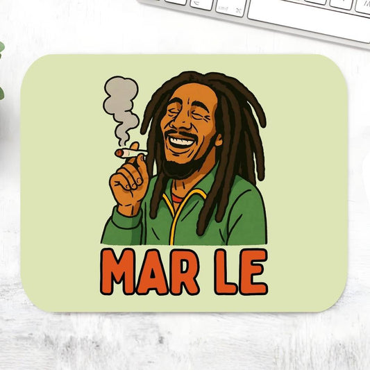 Mouse pad with a cartoon character holding a cigarette and 'MAR LE' text on a light green background. Bob Marley Gift Merch The Banyan Tee