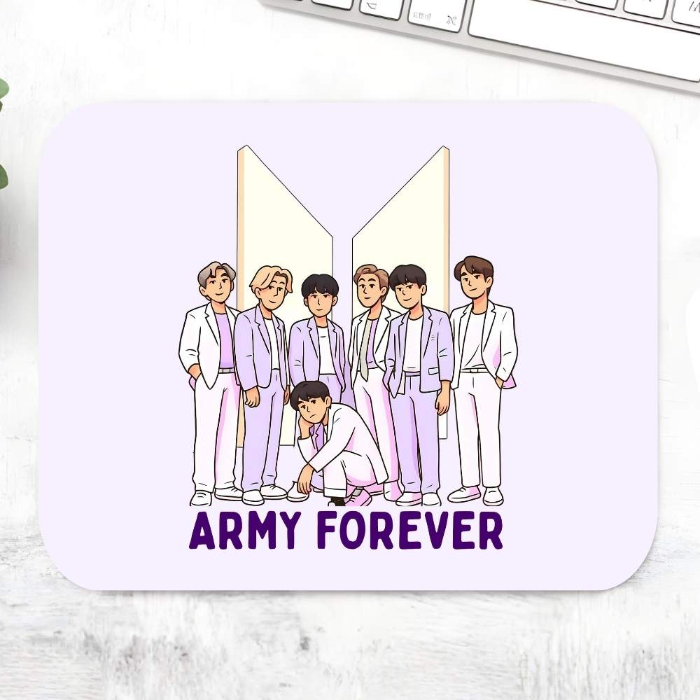 BTS Army Forever mousepad with illustrated Bangtan members in purple and white and bold logo design – premium non-slip K-pop desk mat and collectible fan gift for ARMY
