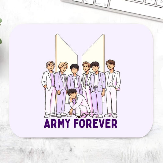 BTS Army Forever mousepad with illustrated Bangtan members in purple and white and bold logo design – premium non-slip K-pop desk mat and collectible fan gift for ARMY