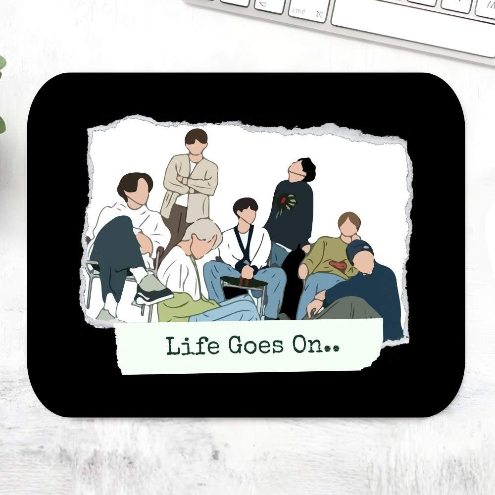 BTS Life Goes On mousepad with dark minimalist fan art of Bangtan members and song title – smooth non-slip gaming and office desk mat, unique K-pop gift for BTS ARMY fans