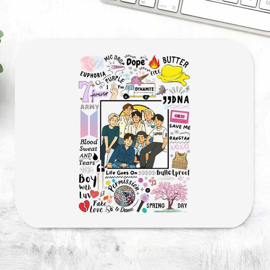 BTS Bangtan Scribbles mousepad with hand-drawn K-pop doodle art featuring BTS song titles and member illustrations – non-slip desk mat for ARMY fans and K-pop enthusiasts