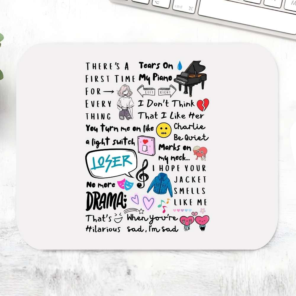 Charlie's Chart Toppers mousepad with colorful pop music song title doodle art on white background – fun music-themed non-slip desk mat for pop and K-pop fans and music lovers
