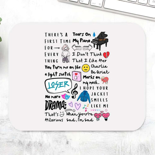 Charlie's Chart Toppers mousepad with colorful pop music song title doodle art on white background – fun music-themed non-slip desk mat for pop and K-pop fans and music lovers
