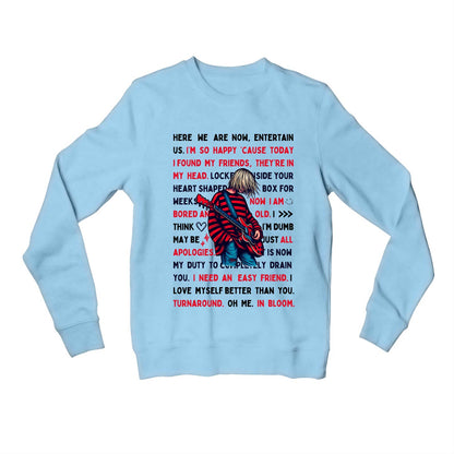 nirvana lyrical doodle sweatshirt upper winterwear music band buy online united states usa the banyan tee tbt men women girls boys unisex baby blue