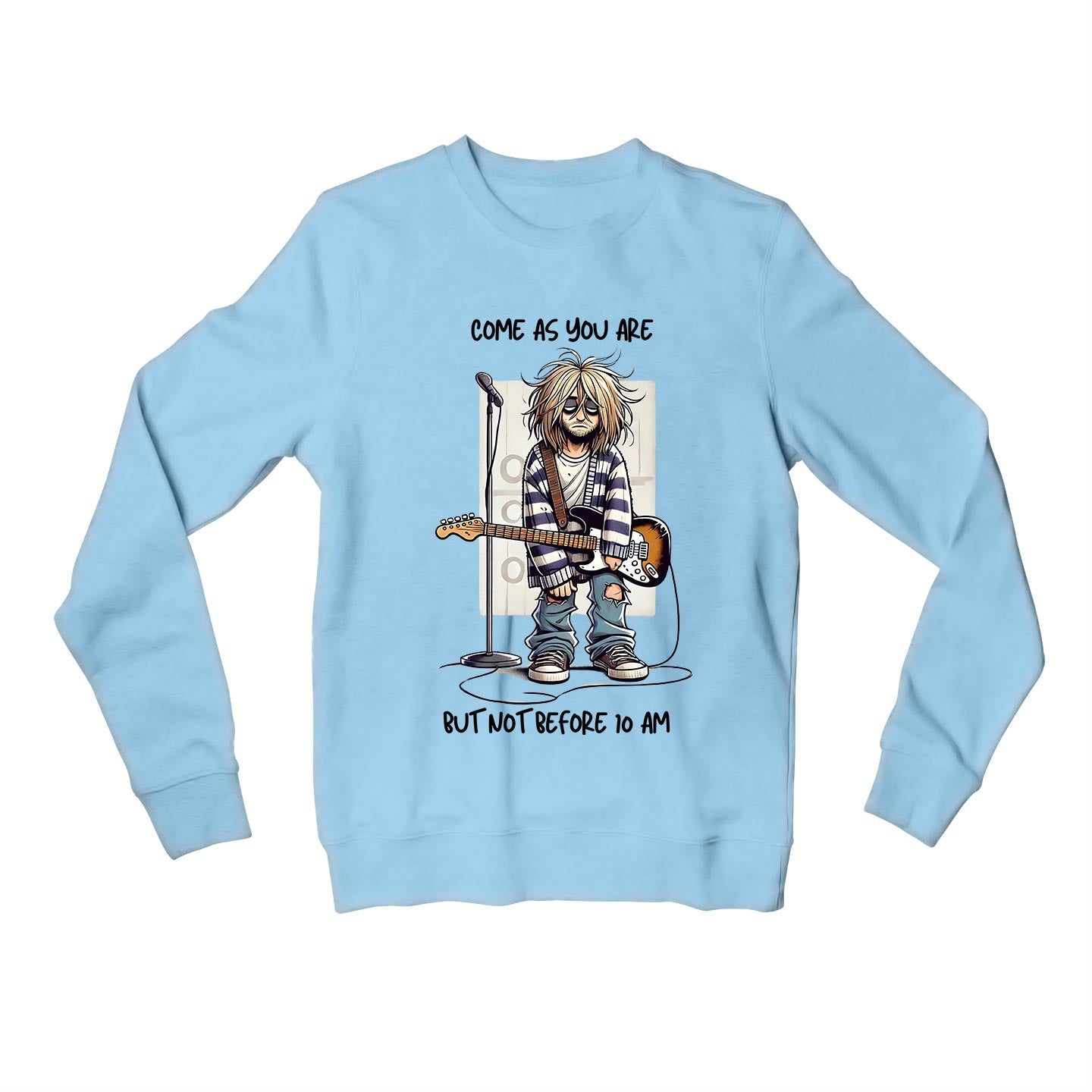 nirvana not before 10 am sweatshirt upper winterwear music band buy online united states usa the banyan tee tbt men women girls boys unisex baby blue