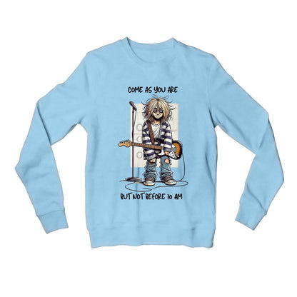 nirvana not before 10 am sweatshirt upper winterwear music band buy online united states usa the banyan tee tbt men women girls boys unisex baby blue