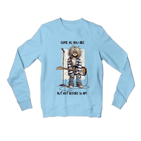 nirvana not before 10 am sweatshirt upper winterwear music band buy online united states usa the banyan tee tbt men women girls boys unisex baby blue