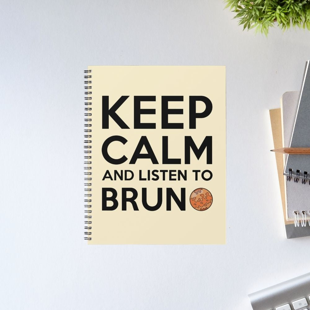 Notebook with 'Keep Calm and Listen to Brun' text on a light gray background Bruno Mars Gift The Banyan Tee US