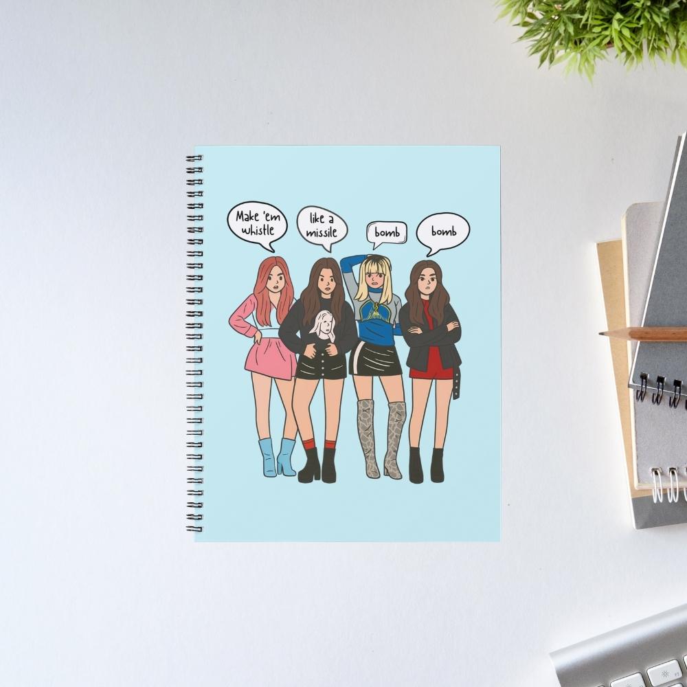Notebook with illustrated cover of four women on a light blue background, placed on a white surface. Black Pink Notebook.