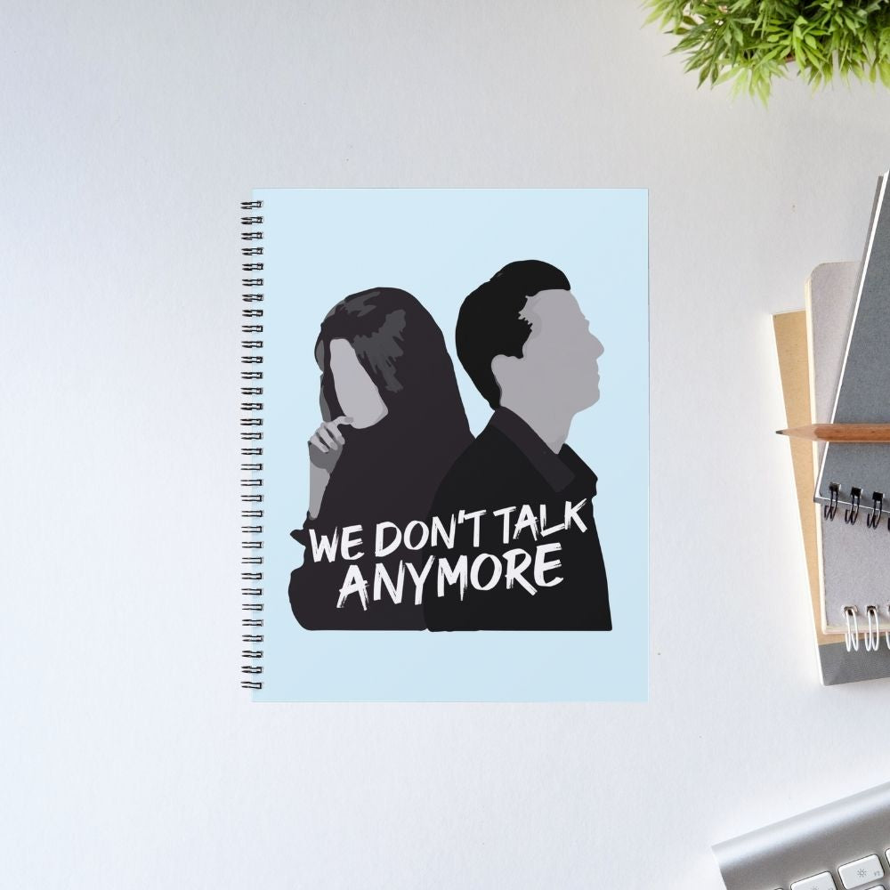We Don't Talk Anymore spiral notebook with dramatic silhouette duo design and song lyric text on light blue cover – emotional K-pop themed journal gift for indie music and breakup song fans