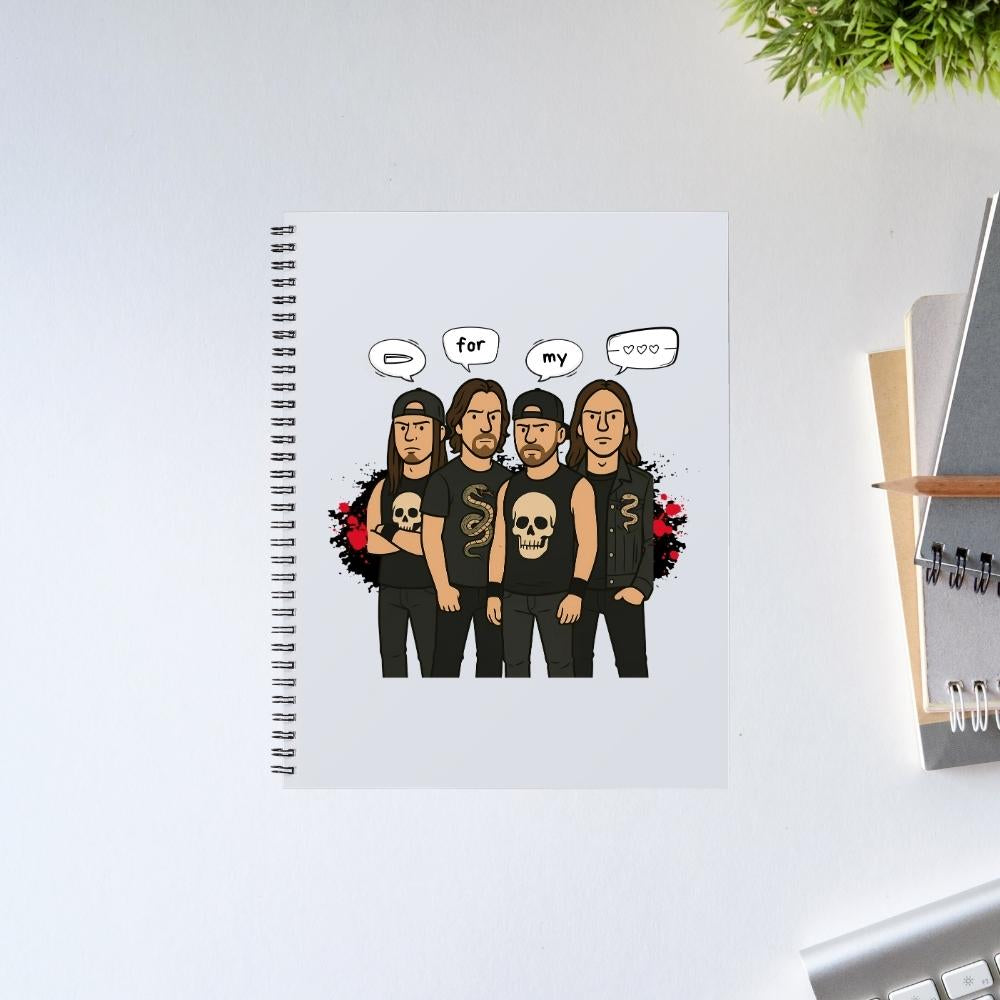 Notebook with a cartoon illustration of four people on a white surface. Bullet for my valentine.